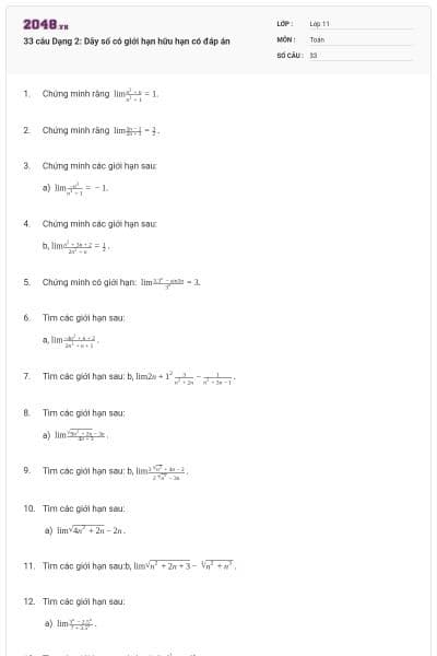 33 câu Dạng 2: Dãy số có giới hạn hữu hạn có đáp án