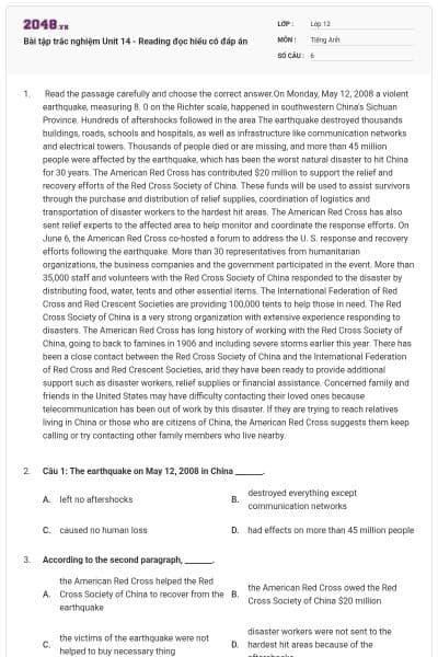 Bài tập trắc nghiệm Unit 14 - Reading đọc hiểu có đáp án