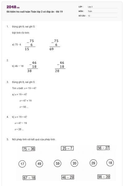 Đề kiểm tra cuối tuần Toán lớp 2 có đáp án - Đề 19