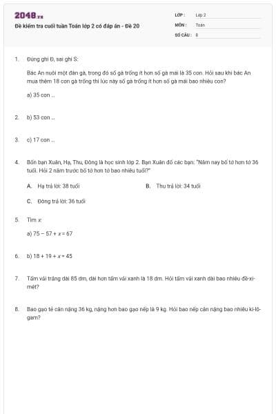 Đề kiểm tra cuối tuần Toán lớp 2 có đáp án - Đề 20