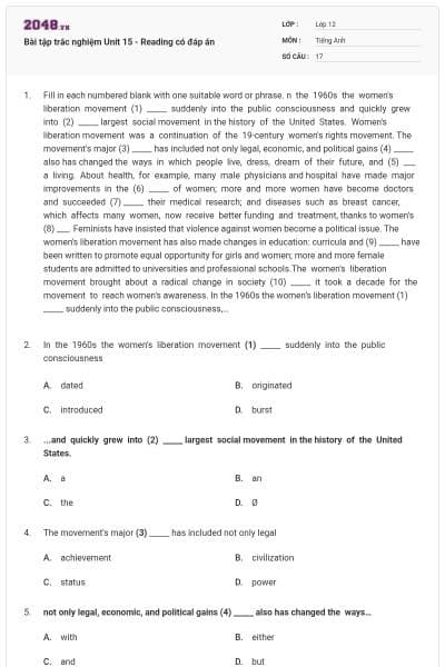 Bài tập trắc nghiệm Unit 15 - Reading có đáp án
