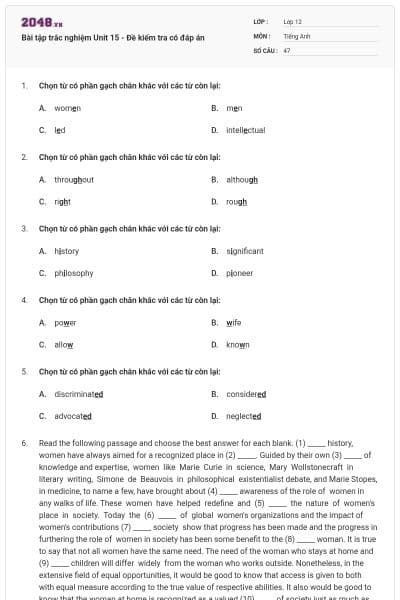 Bài tập trắc nghiệm Unit 15 - Đề kiểm tra có đáp án