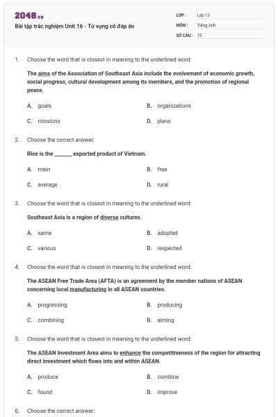 Bài tập trắc nghiệm Unit 16 - Từ vựng có đáp án