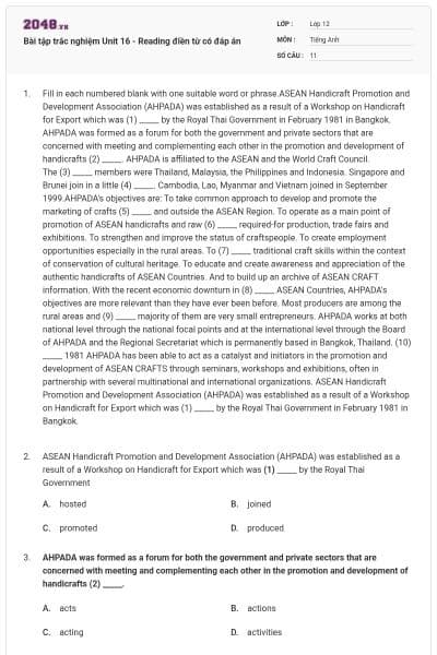 Bài tập trắc nghiệm Unit 16 - Reading điền từ có đáp án