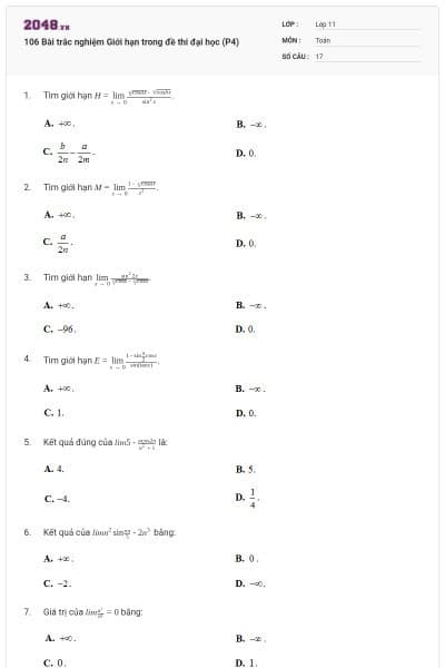 106 Bài trắc nghiệm Giới hạn trong đề thi đại học (P4)