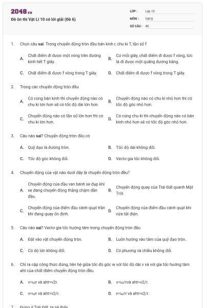 Đề ôn thi Vật Lí 10 có lời giải (Đề 6)