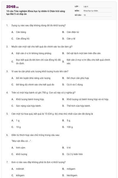 10 câu Trắc nghiệm Khoa học tự nhiên 6 Chân trời sáng tạo Bài 5 có đáp án
