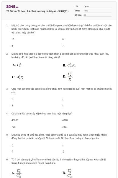 70 Bài tập Tổ hợp - Xác Suất cực hay có lời giải chi tiết(P1)