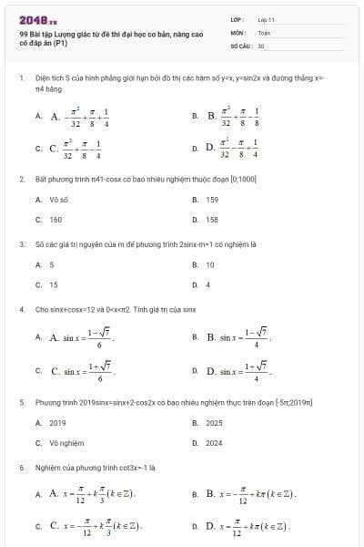 99 Bài tập Lượng giác từ đề thi đại học cơ bản, nâng cao có đáp án (P1)