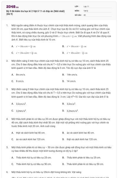Bộ 9 Đề kiểm tra học kì 2 Vật lí 11 có đáp án (Mới nhất) (Đề 9)