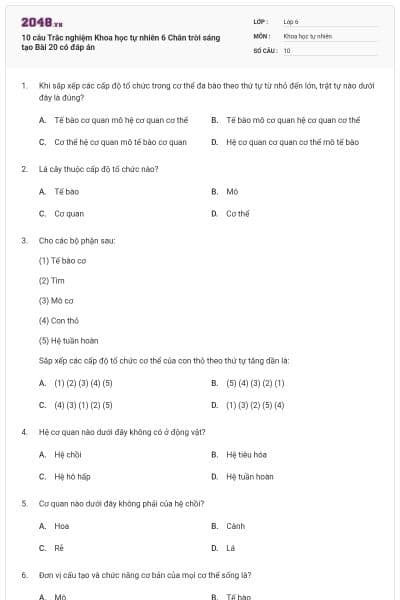 10 câu Trắc nghiệm Khoa học tự nhiên 6 Chân trời sáng tạo Bài 20 có đáp án