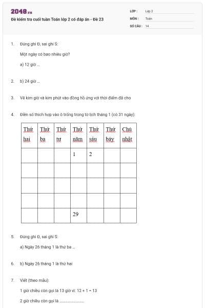 Đề kiểm tra cuối tuần Toán lớp 2 có đáp án - Đề 23