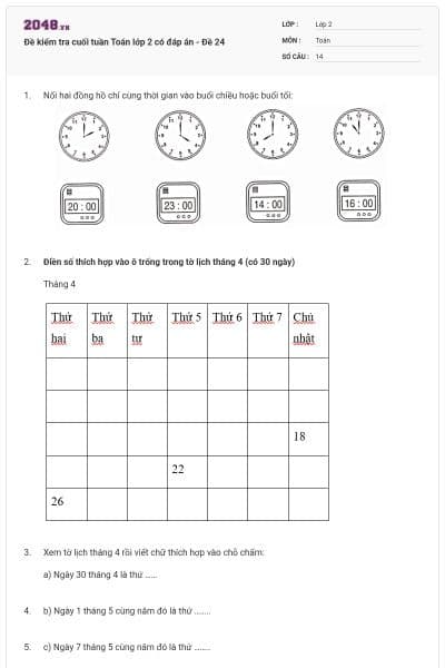 Đề kiểm tra cuối tuần Toán lớp 2 có đáp án - Đề 24