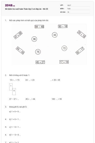 Đề kiểm tra cuối tuần Toán lớp 2 có đáp án - Đề 25