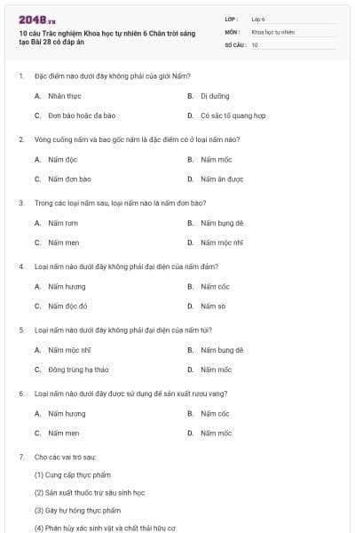 10 câu Trắc nghiệm Khoa học tự nhiên 6 Chân trời sáng tạo Bài 28 có đáp án