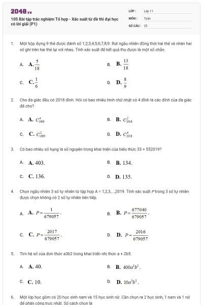 105 Bài tập trắc nghiệm Tổ hợp - Xác suất từ đề thi đại học có lời giải (P1)