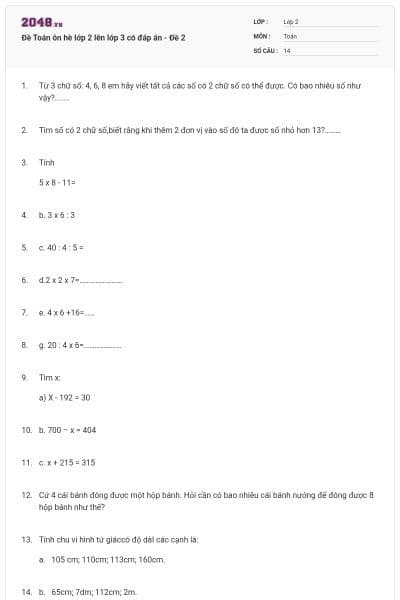 Đề Toán ôn hè lớp 2 lên lớp 3 có đáp án - Đề 2