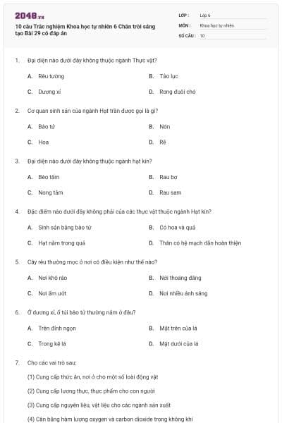 10 câu Trắc nghiệm Khoa học tự nhiên 6 Chân trời sáng tạo Bài 29 có đáp án