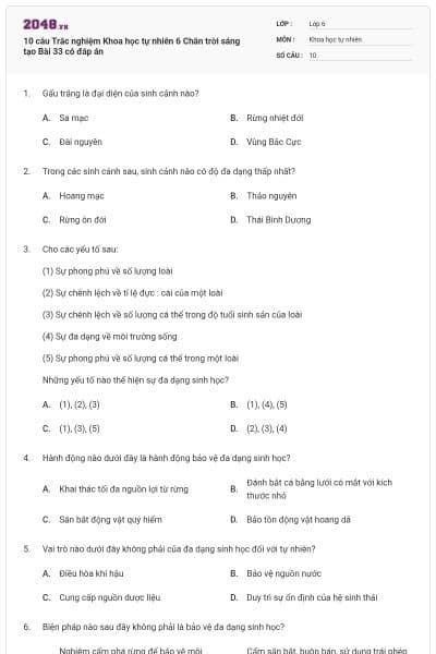 10 câu Trắc nghiệm Khoa học tự nhiên 6 Chân trời sáng tạo Bài 33 có đáp án