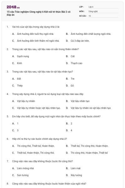 15 câu Trắc nghiệm Công nghệ 6 Kết nối tri thức Bài 2 có đáp án