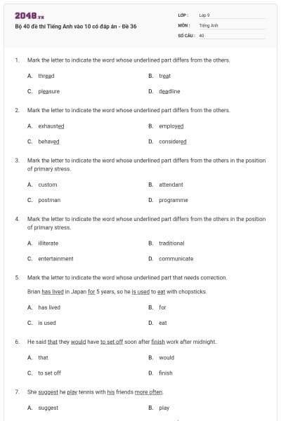 Bộ 40 đề thi Tiếng Anh vào 10 có đáp án - Đề 36