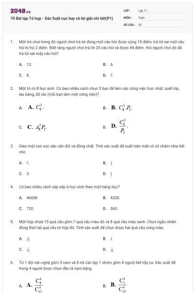 70 Bài tập Tổ hợp - Xác Suất cực hay có lời giải chi tiết(P1)