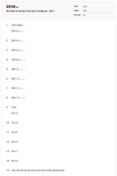 Đề Toán ôn hè lớp 2 lên lớp 3 có đáp án - Đề 7