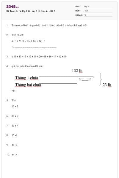 Đề Toán ôn hè lớp 2 lên lớp 3 có đáp án - Đề 8