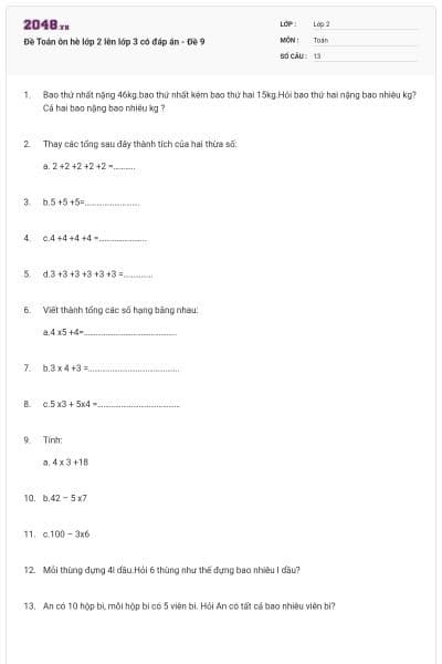 Đề Toán ôn hè lớp 2 lên lớp 3 có đáp án - Đề 9