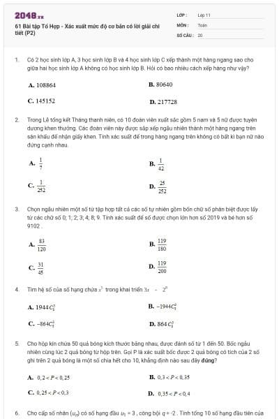 61 Bài tập Tổ Hợp - Xác xuất mức độ cơ bản có lời giải chi tiết (P2)