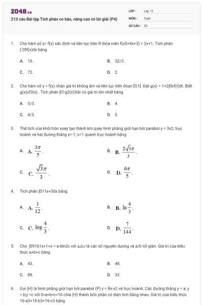 213 câu Bài tập Tích phân cơ bản, nâng cao có lời giải (P4)