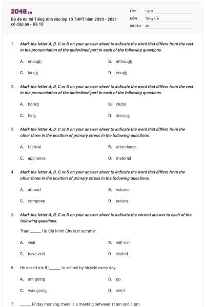 Bộ đề ôn thi Tiếng Anh vào lớp 10 THPT năm 2020 - 2021 có đáp án - Đề 10