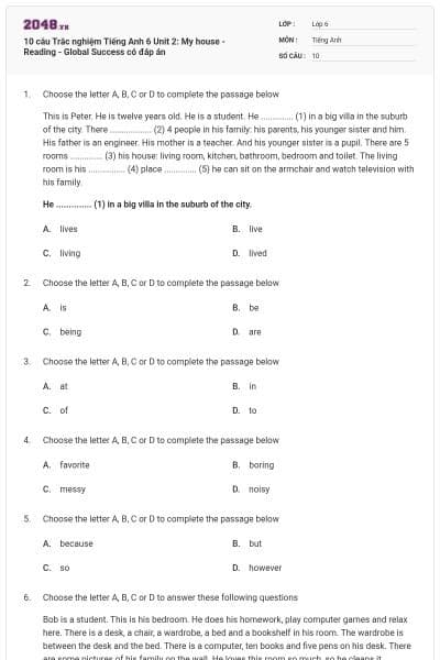 10 câu Trắc nghiệm Tiếng Anh 6 Unit 2: My house - Reading - Global Success có đáp án