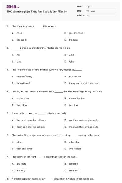 5000 câu trắc nghiệm Tiếng Anh 9 có đáp án - Phần 16