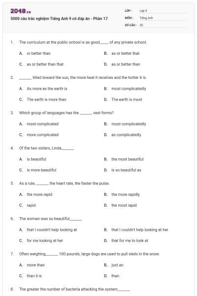 5000 câu trắc nghiệm Tiếng Anh 9 có đáp án - Phần 17