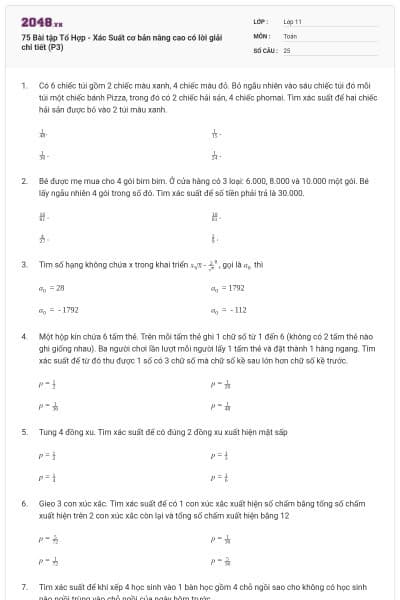 75 Bài tập Tổ Hợp - Xác Suất cơ bản nâng cao có lời giải chi tiết (P3)