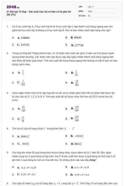 61 Bài tập Tổ Hợp - Xác xuất mức độ cơ bản có lời giải chi tiết (P2)