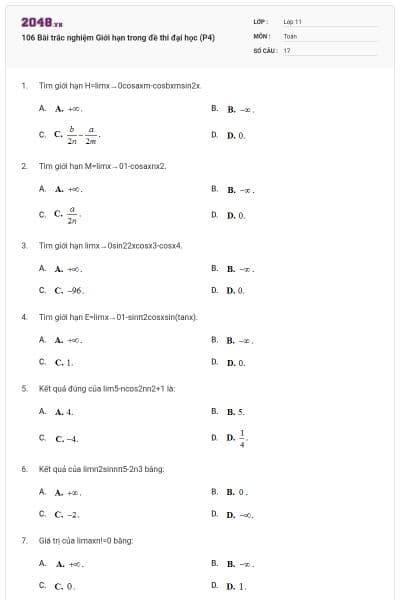 106 Bài trắc nghiệm Giới hạn trong đề thi đại học (P4)