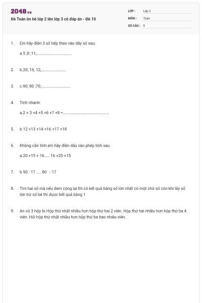 Đề Toán ôn hè lớp 2 lên lớp 3 có đáp án - Đề 10