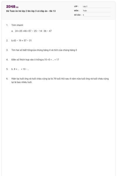 Đề Toán ôn hè lớp 2 lên lớp 3 có đáp án - Đề 13