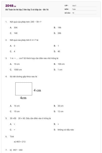 Đề Toán ôn hè lớp 2 lên lớp 3 có đáp án - Đề 16