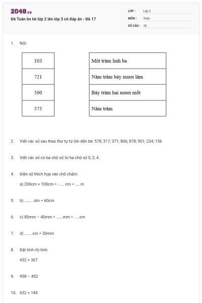 Đề Toán ôn hè lớp 2 lên lớp 3 có đáp án - Đề 17