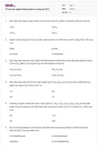 75 câu trắc nghiệm Hidrocacbon no nâng cao (P1)