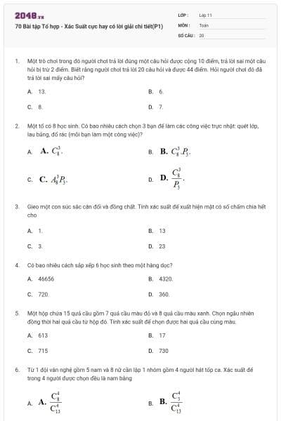 70 Bài tập Tổ hợp - Xác Suất cực hay có lời giải chi tiết(P1)