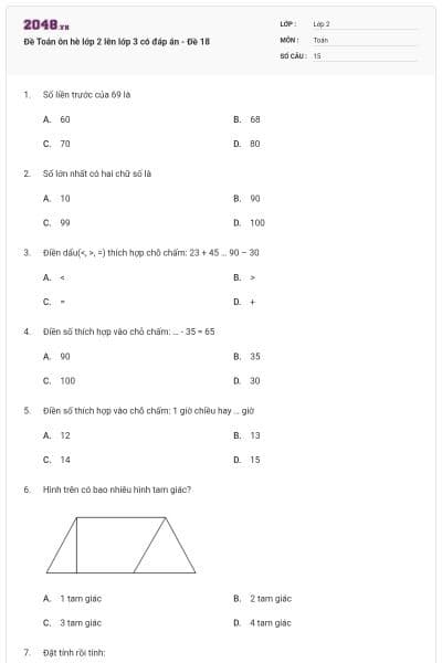 Đề Toán ôn hè lớp 2 lên lớp 3 có đáp án - Đề 18