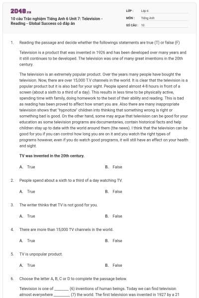10 câu Trắc nghiệm Tiếng Anh 6 Unit 7: Television - Reading - Global Success có đáp án