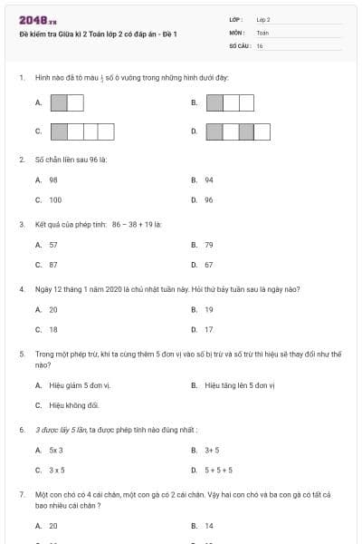Đề kiểm tra Giữa kì 2 Toán lớp 2 có đáp án - Đề 1