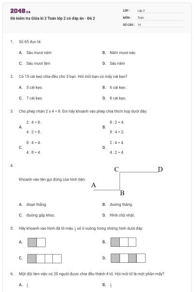 Đề kiểm tra Giữa kì 2 Toán lớp 2 có đáp án - Đề 2