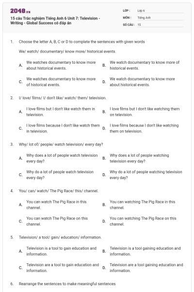 15 câu Trắc nghiệm Tiếng Anh 6 Unit 7: Television - Writing - Global Success có đáp án