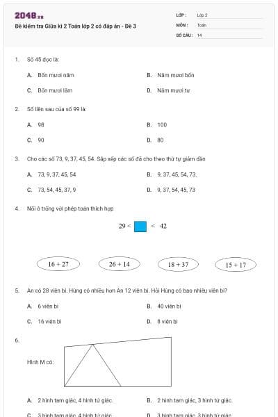 Đề kiểm tra Giữa kì 2 Toán lớp 2 có đáp án - Đề 3